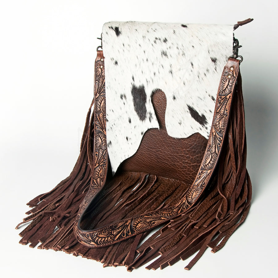 Brown and white cowhide leather crossbody bag with fringe - Uhorse