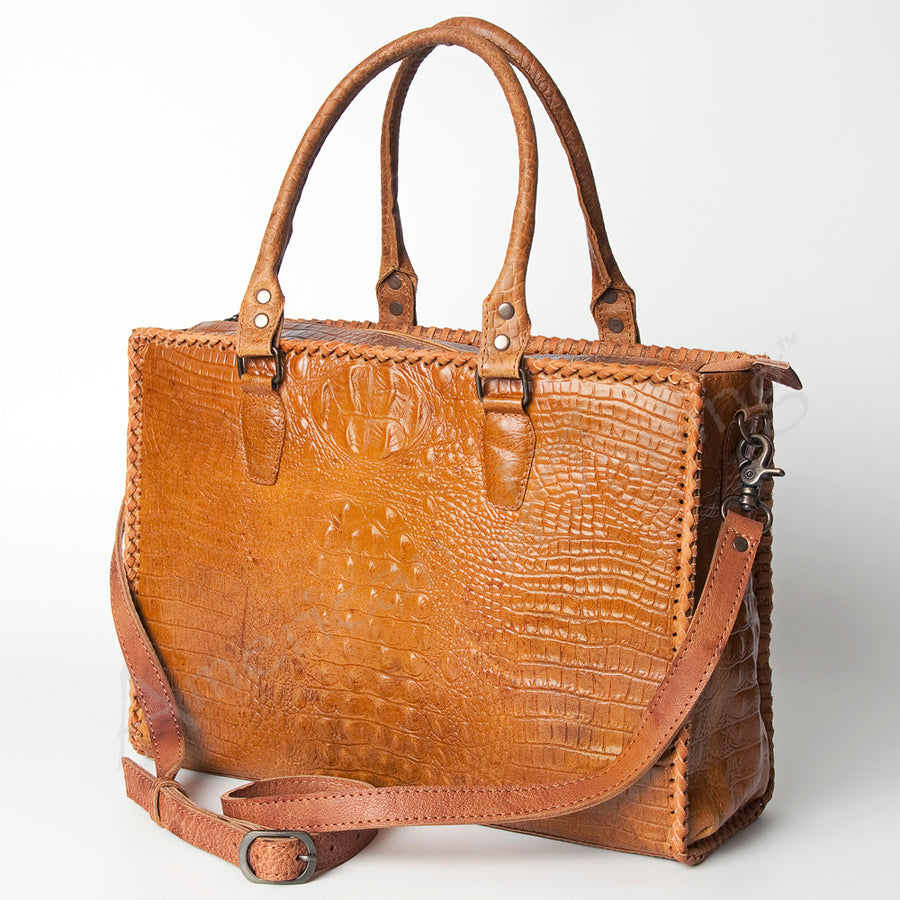 American Darling Tote Bag - Western Leather Hand Tooled Floral Carved Purse with Braided Detailing & Secure YKK Zipper