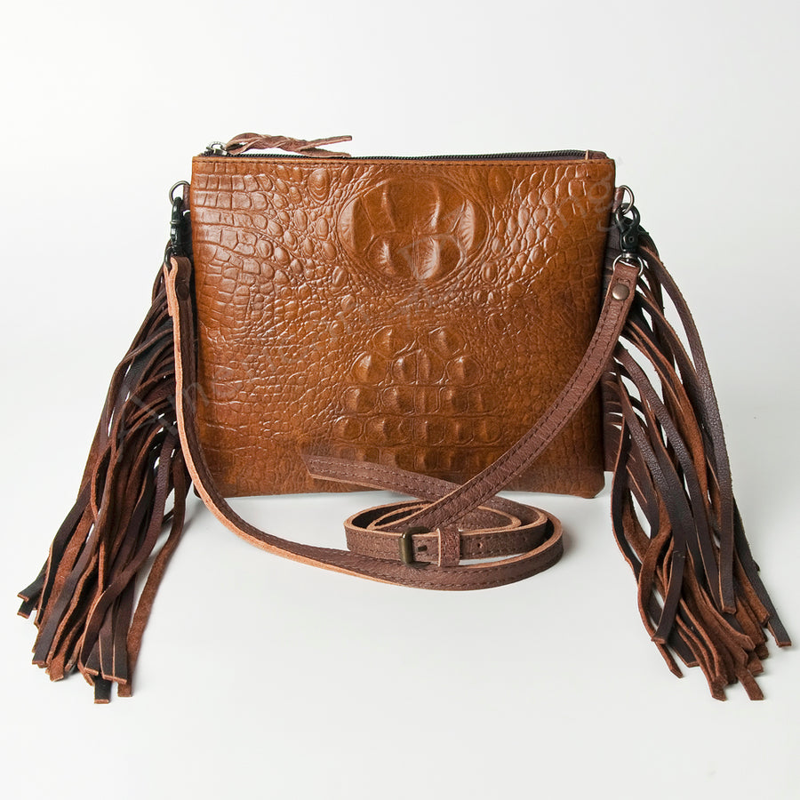American Darling Small Cross body Bag, Crocodile Embossed Full Grain Leather Western Purse with Fringes and YKK Zipper