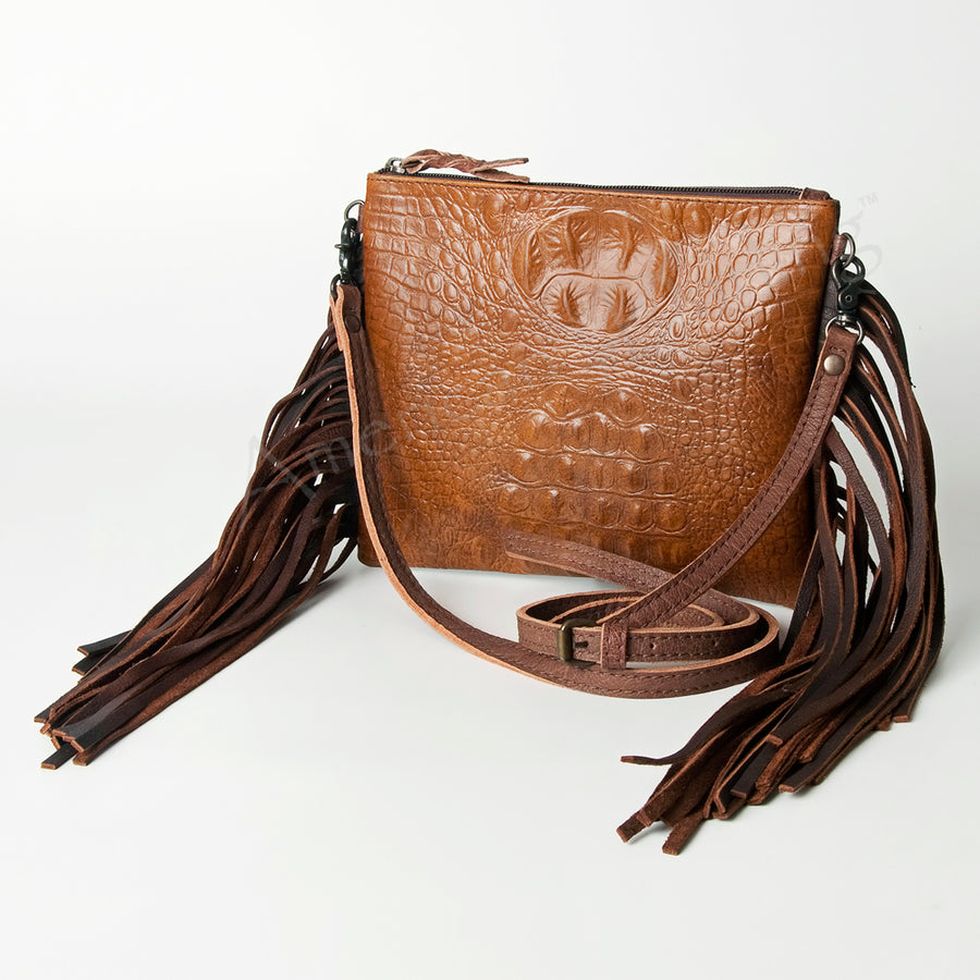 American Darling Western Small Cross body Bag - Crocodile Embossed Leather Fringe Purse - Uhorse