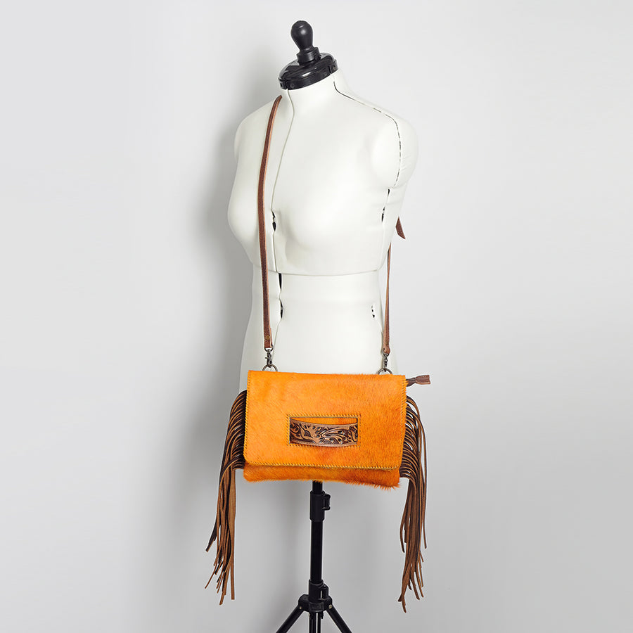 American Darling Small Cross body Bag, Hair-On Cowhide & Hand Tooled Floral Leather, Fringes, Vegetable Tanned Genuine Leather