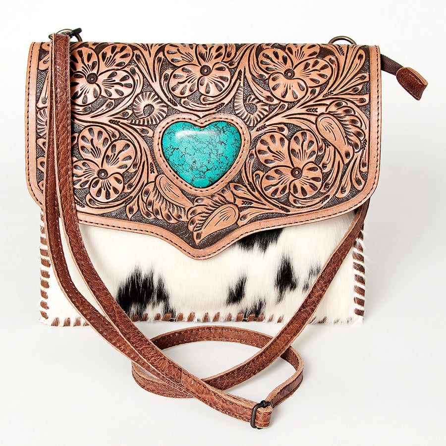 American Darling Cross body Bag, Hand Tooled Floral Leather, Hair-On Cowhide, Turquoise Stone, Western Handcrafted Purse