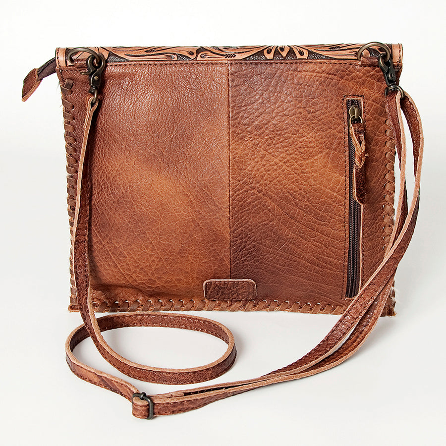 American Darling Cross body Bag, Hand Tooled Floral Leather, Hair-On Cowhide, Turquoise Stone, Western Handcrafted Purse