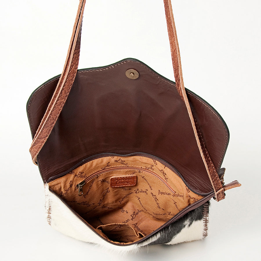 American Darling Cross body Bag, Hand Tooled Floral Leather, Hair-On Cowhide, Turquoise Stone, Western Handcrafted Purse