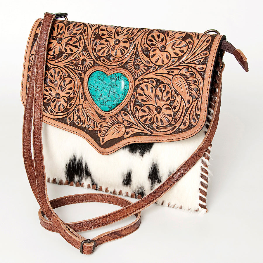 American Darling Western Leather Cross body Bag - Hand Tooled Floral and Cowhide Purse - Uhorse