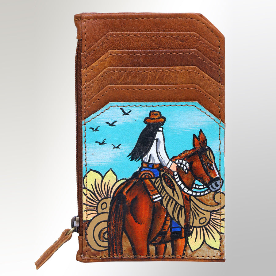 Brown leather card wallet with hand-painted horse and rider design - Uhorse