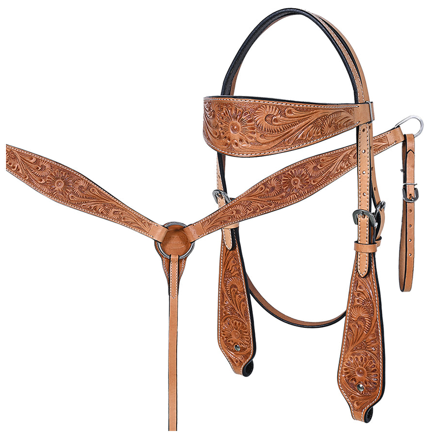 Tooled leather western headstall with dark hardware - Uhorse