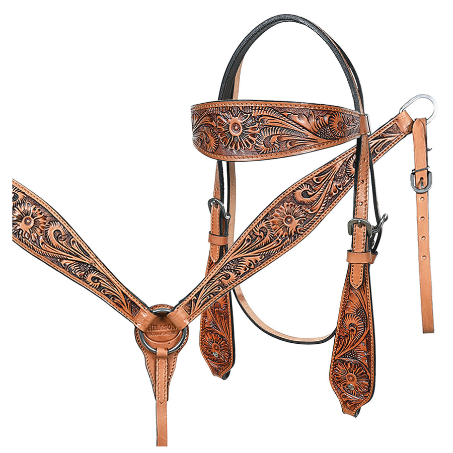 Tooled leather western headstall with floral design - Uhorse