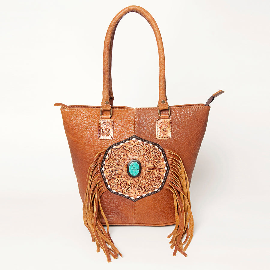 American Darling Hand Tooled Floral Fringed Genuine Leather Tote Bag Turquoise Concho Eco-Friendly Full Grain YKK Zipper