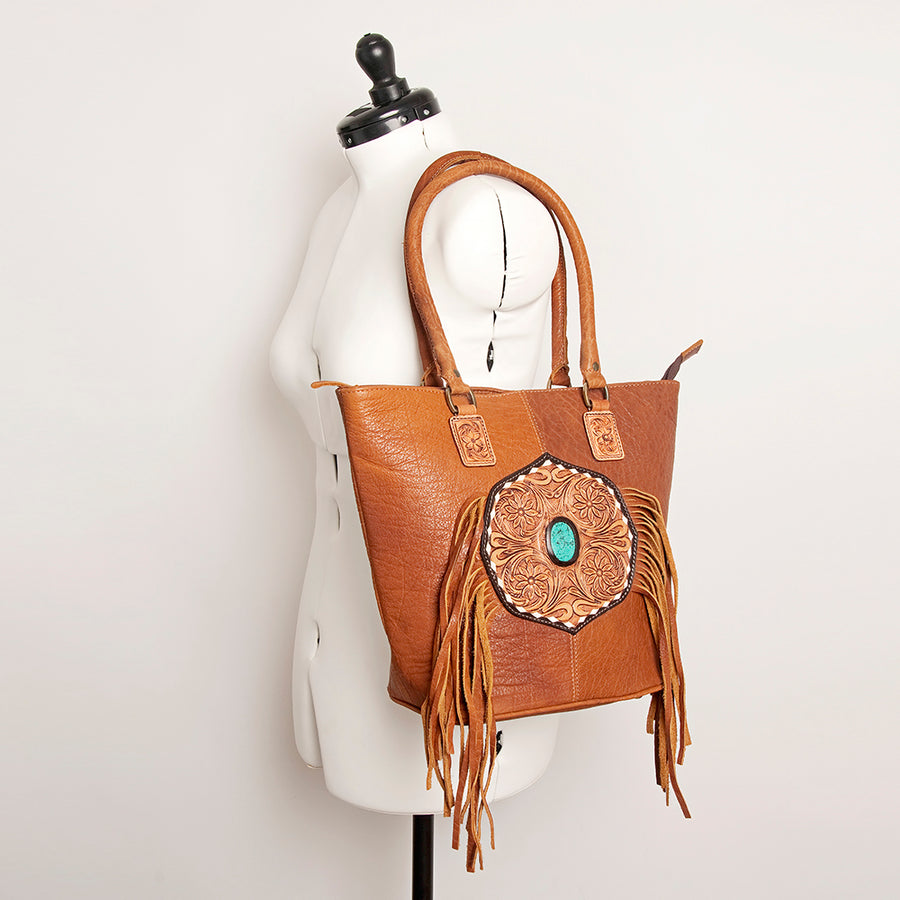 American Darling Hand Tooled Floral Fringed Genuine Leather Tote Bag Turquoise Concho Eco-Friendly Full Grain YKK Zipper