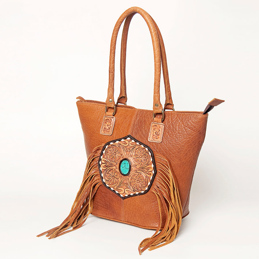 American Darling Hand Tooled Fringed Genuine Leather Tote Bag with Turquoise Concho - Uhorse