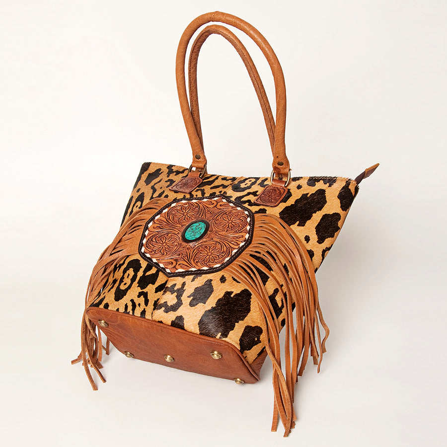 American Darling Hand Tooled Floral Fringed Genuine Leather Tote Bag Turquoise Concho Eco-Friendly Full Grain YKK Zipper