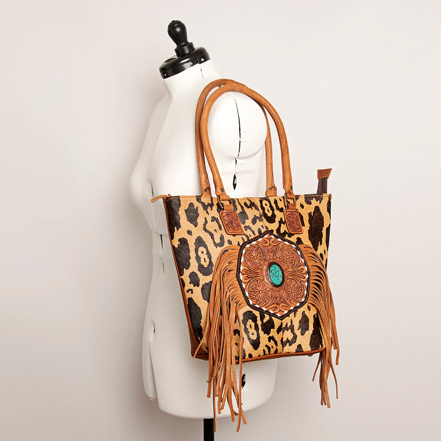 American Darling Hand Tooled Floral Fringed Genuine Leather Tote Bag Turquoise Concho Eco-Friendly Full Grain YKK Zipper