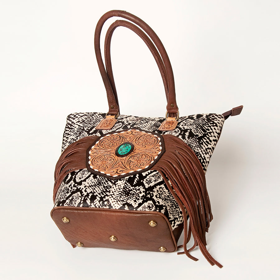 American Darling Hand Tooled Floral Fringed Genuine Leather Tote Bag Turquoise Concho Eco-Friendly Full Grain YKK Zipper