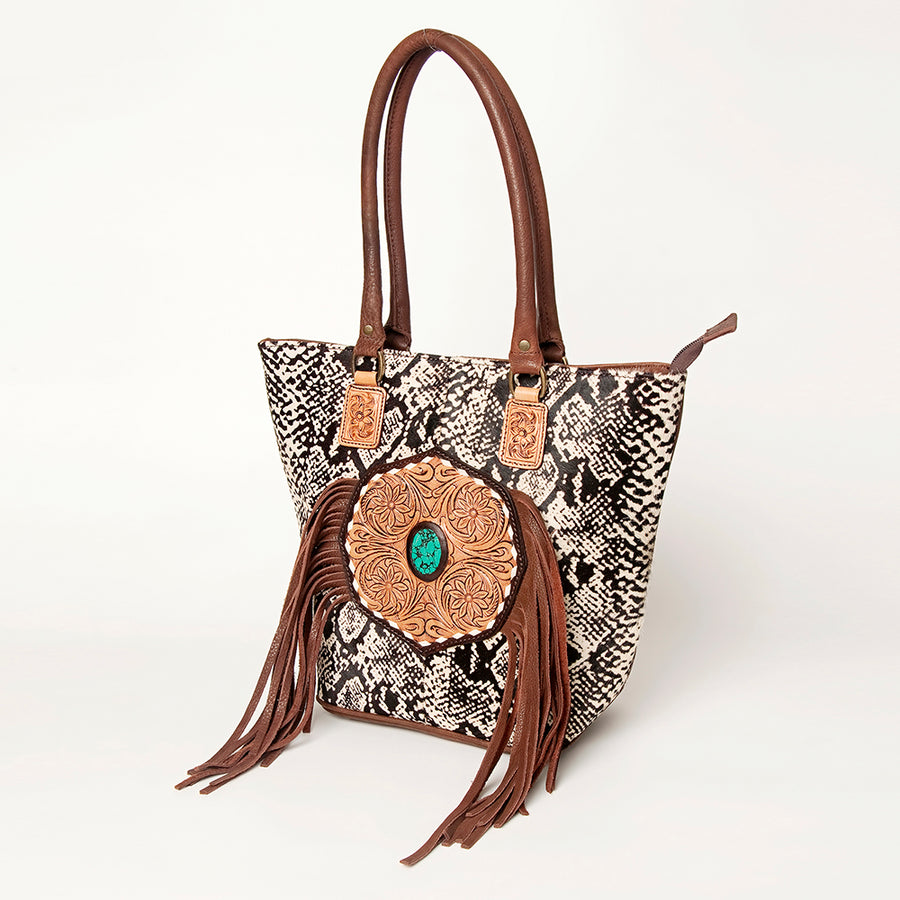 American Darling Hair-On Cowhide Fringed Leather Tote Bag with Turquoise Concho - Uhorse