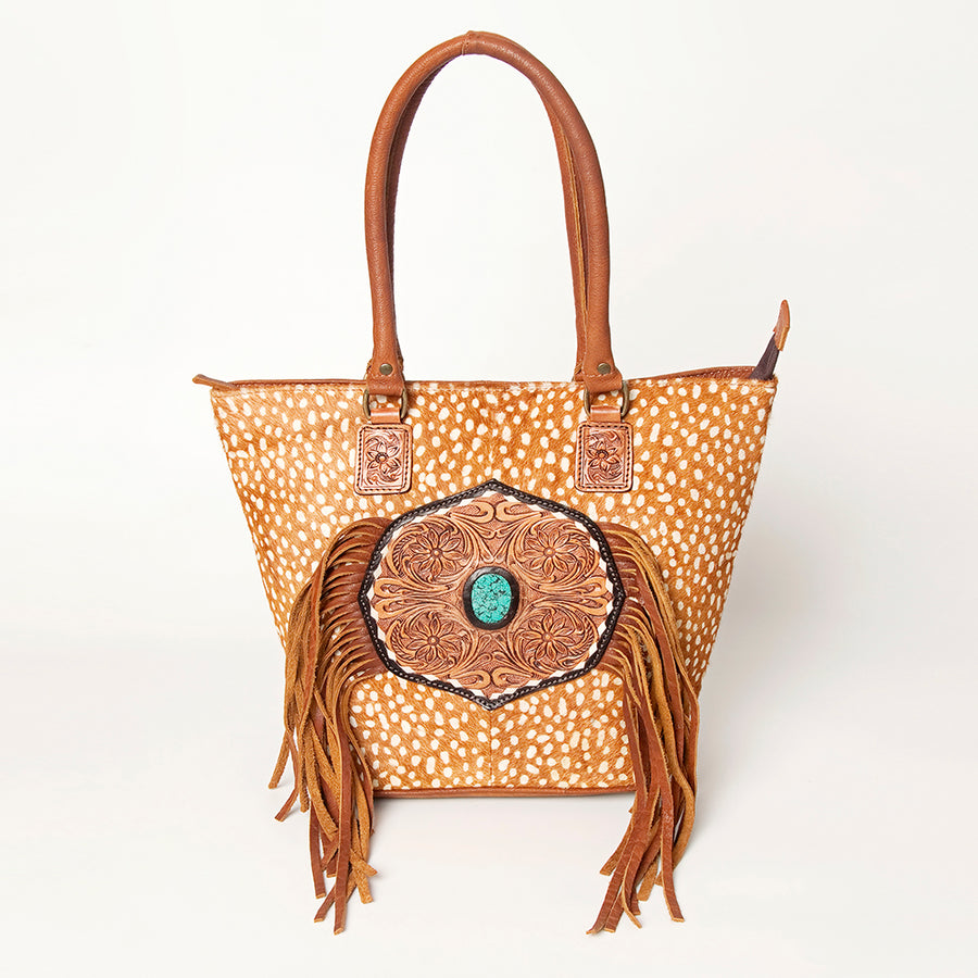 American Darling Hand Tooled Floral Fringed Genuine Leather Tote Bag Turquoise Concho Eco-Friendly Full Grain YKK Zipper