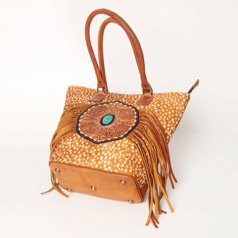 American Darling Hand Tooled Floral Fringed Genuine Leather Tote Bag Turquoise Concho Eco-Friendly Full Grain YKK Zipper