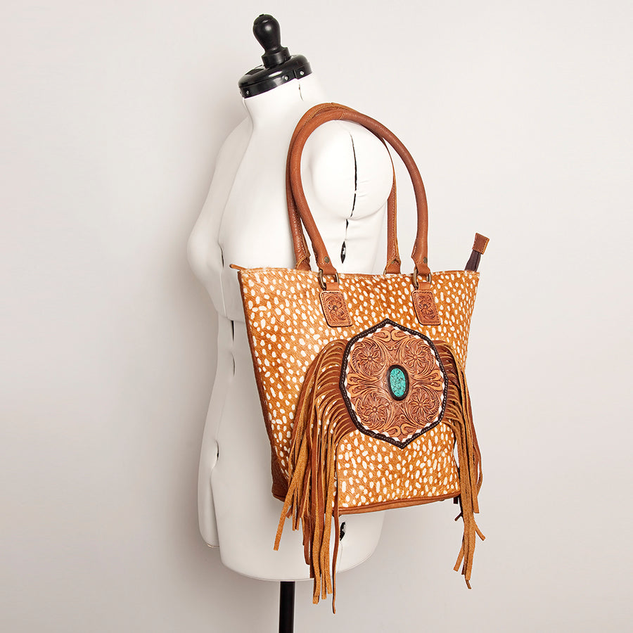American Darling Hand Tooled Floral Fringed Genuine Leather Tote Bag Turquoise Concho Eco-Friendly Full Grain YKK Zipper