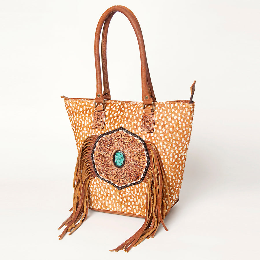 American Darling Hair-On Cowhide Fringed Leather Tote Bag with Turquoise Concho - Uhorse