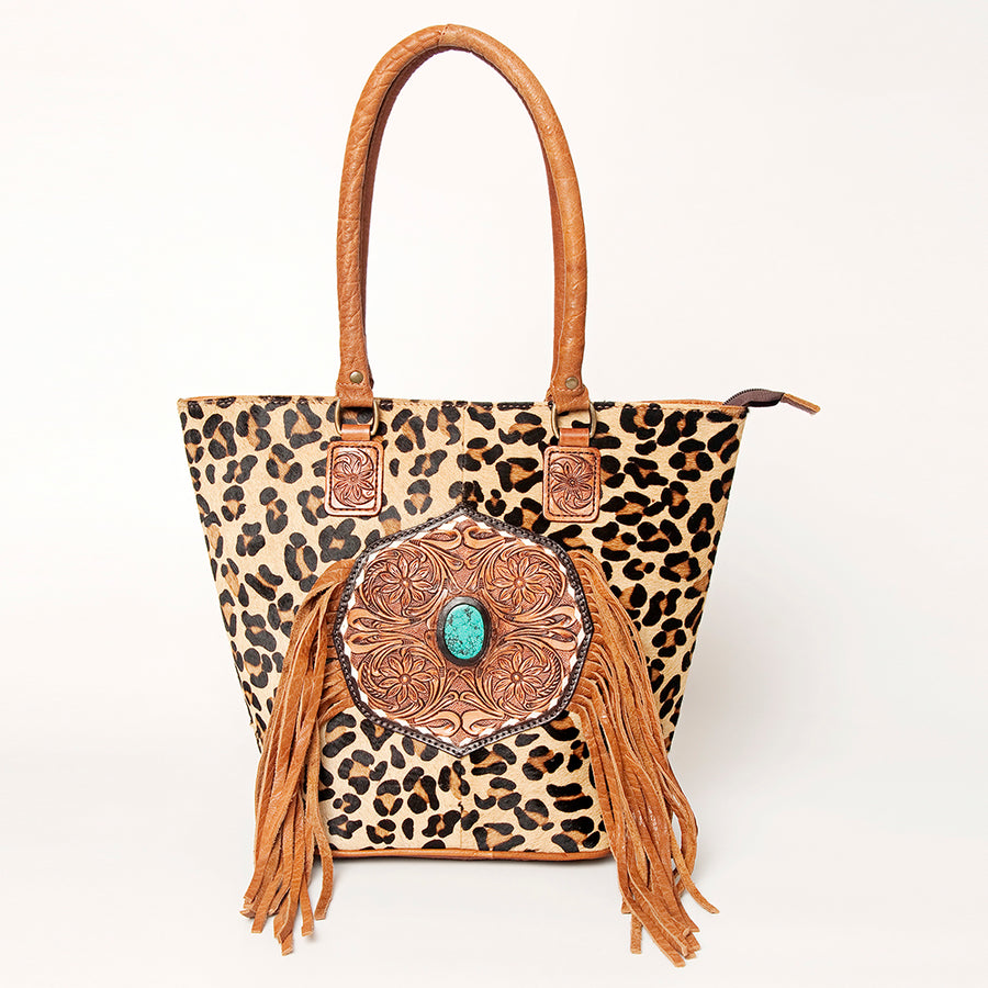 American Darling Hand Tooled Floral Fringed Genuine Leather Tote Bag Turquoise Concho Eco-Friendly Full Grain YKK Zipper
