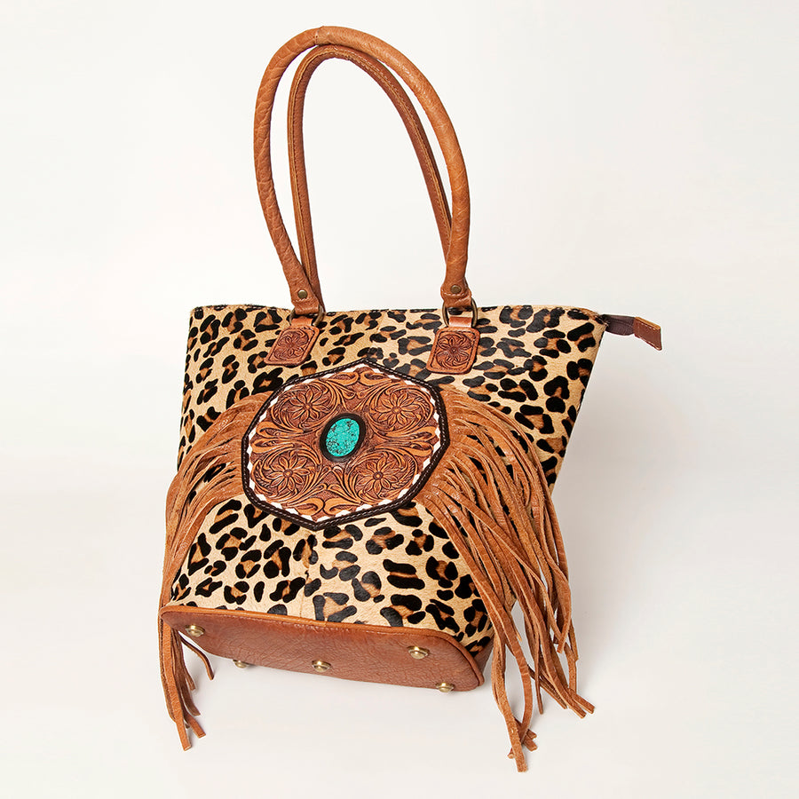 American Darling Hand Tooled Floral Fringed Genuine Leather Tote Bag Turquoise Concho Eco-Friendly Full Grain YKK Zipper