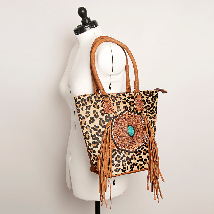 American Darling Hand Tooled Floral Fringed Genuine Leather Tote Bag Turquoise Concho Eco-Friendly Full Grain YKK Zipper