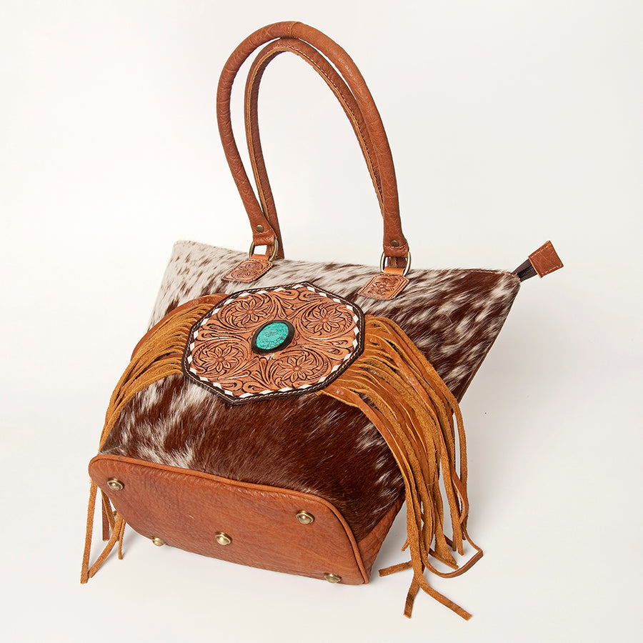 American Darling Hand Tooled Floral Fringed Genuine Leather Tote Bag Turquoise Concho Eco-Friendly Full Grain YKK Zipper