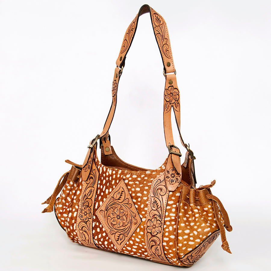 Tan leather shoulder bag with tooled floral and dot pattern - Uhorse