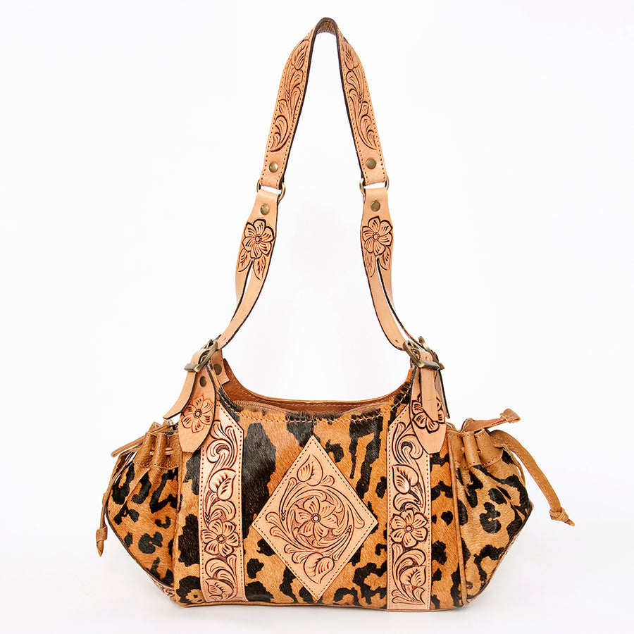 American Darling Hand Tooled Floral Carved Hair-On Cowhide Hobo Bag Eco-Friendly Genuine Leather Drawstring YKK Zipper