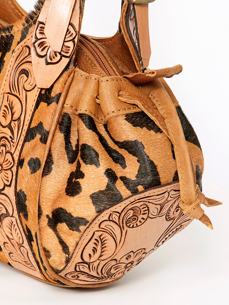 American Darling Hand Tooled Floral Carved Hair-On Cowhide Hobo Bag Eco-Friendly Genuine Leather Drawstring YKK Zipper