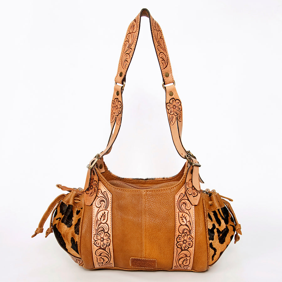 American Darling Hand Tooled Floral Carved Hair-On Cowhide Hobo Bag Eco-Friendly Genuine Leather Drawstring YKK Zipper
