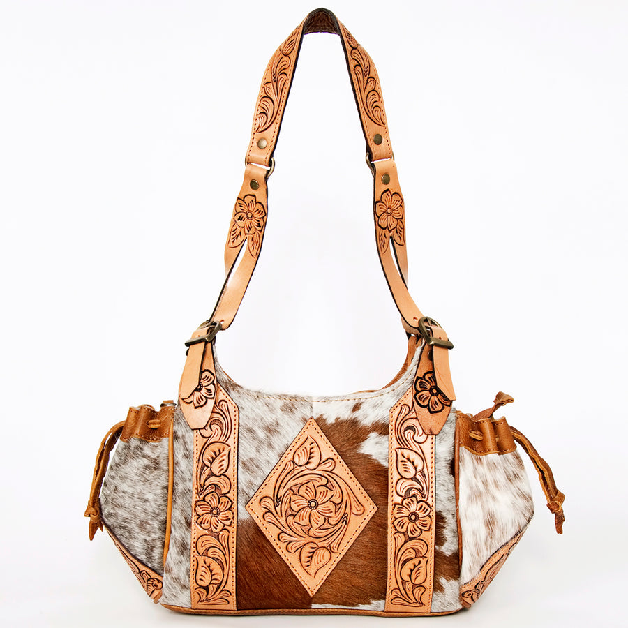 American Darling Hand Tooled Floral Carved Hair-On Cowhide Hobo Bag Eco-Friendly Genuine Leather Drawstring YKK Zipper