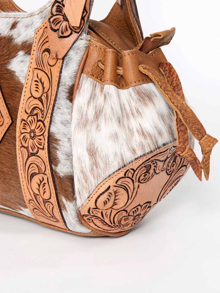 American Darling Hand Tooled Floral Carved Hair-On Cowhide Hobo Bag Eco-Friendly Genuine Leather Drawstring YKK Zipper