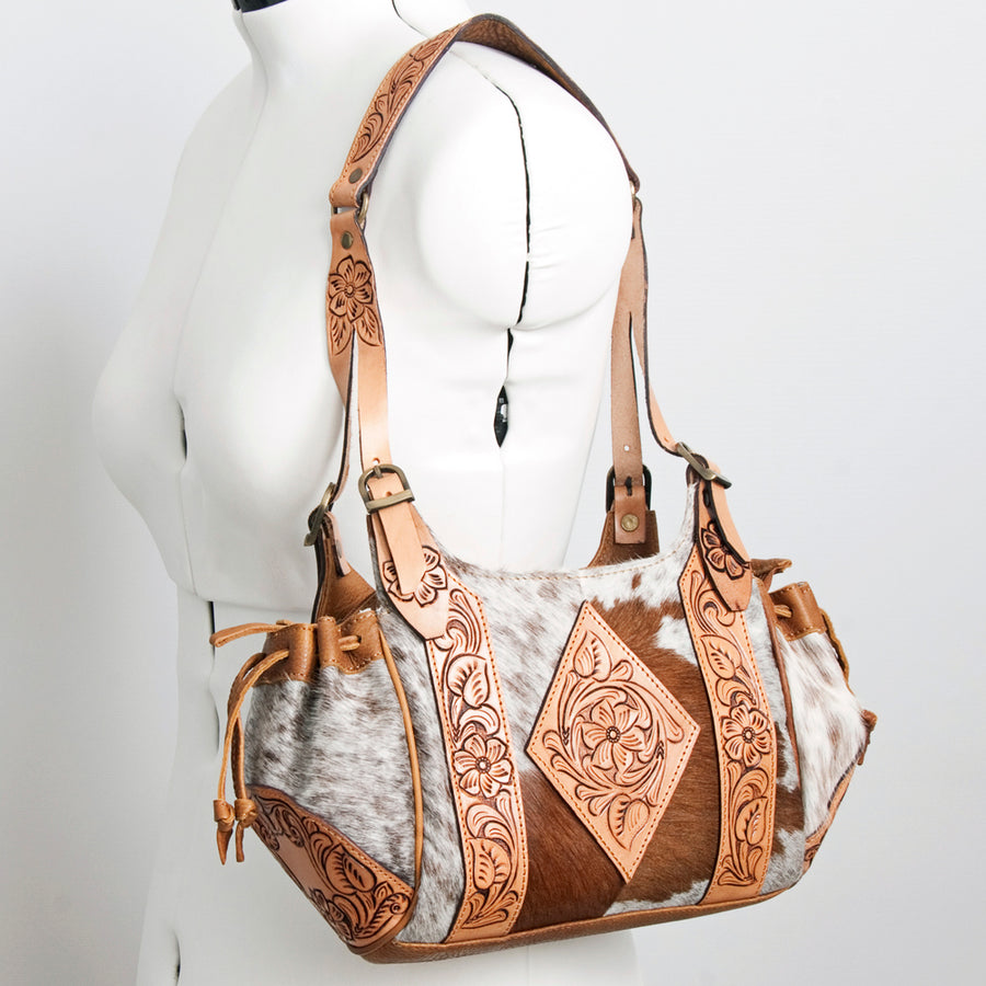 American Darling Hand Tooled Floral Carved Hair-On Cowhide Hobo Bag Eco-Friendly Genuine Leather Drawstring YKK Zipper