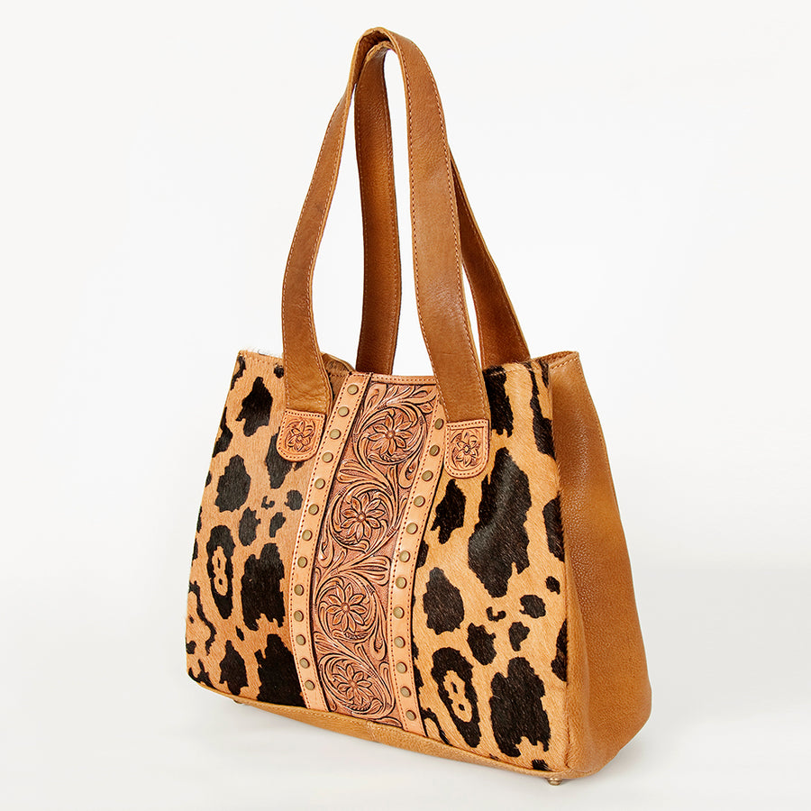 American Darling Hair-On Cowhide Hand Tooled Genuine Leather Tote Bag - Uhorse