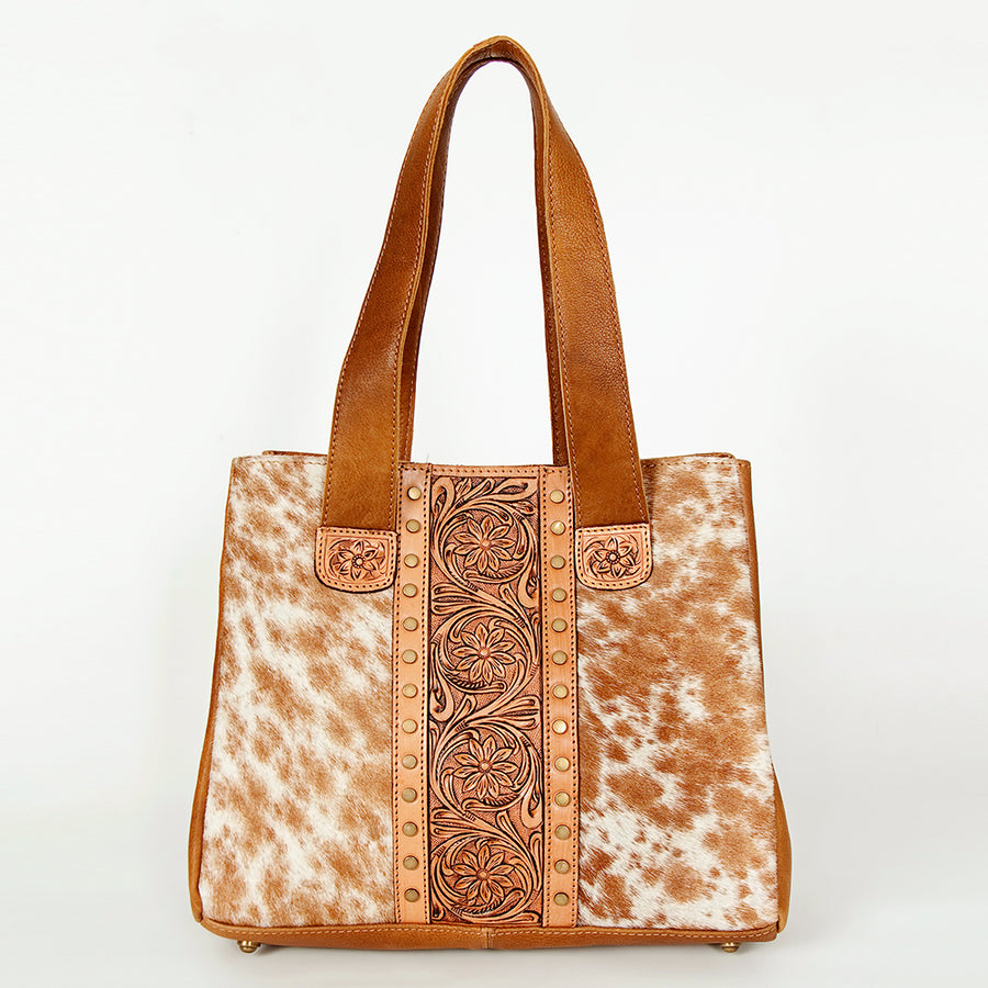 American Darling Hair-On Cowhide Hand Tooled Floral Genuine Leather Tote Bag Eco-Friendly Full Grain Rivetted YKK Zipper