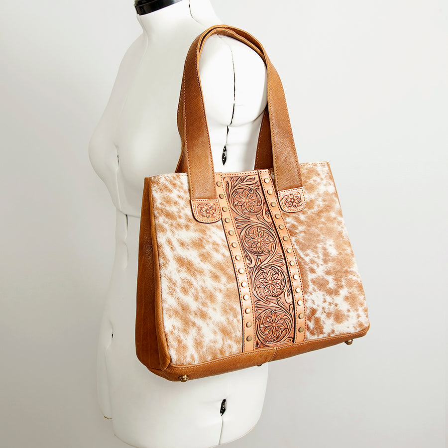American Darling Hair-On Cowhide Hand Tooled Floral Genuine Leather Tote Bag Eco-Friendly Full Grain Rivetted YKK Zipper