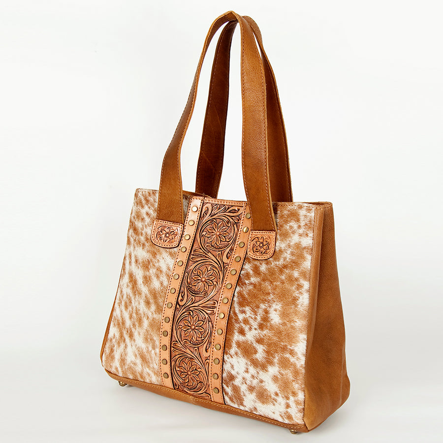 American Darling Hair-On Cowhide Hand Tooled Genuine Leather Tote Bag - Uhorse
