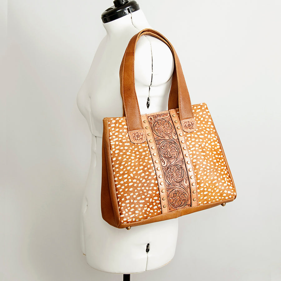 American Darling Hair-On Cowhide Hand Tooled Floral Genuine Leather Tote Bag Eco-Friendly Full Grain Rivetted YKK Zipper