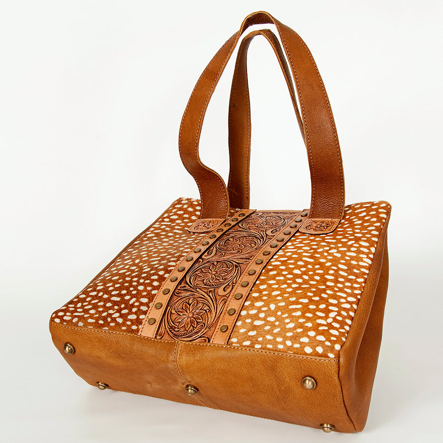 American Darling Hair-On Cowhide Hand Tooled Floral Genuine Leather Tote Bag Eco-Friendly Full Grain Rivetted YKK Zipper
