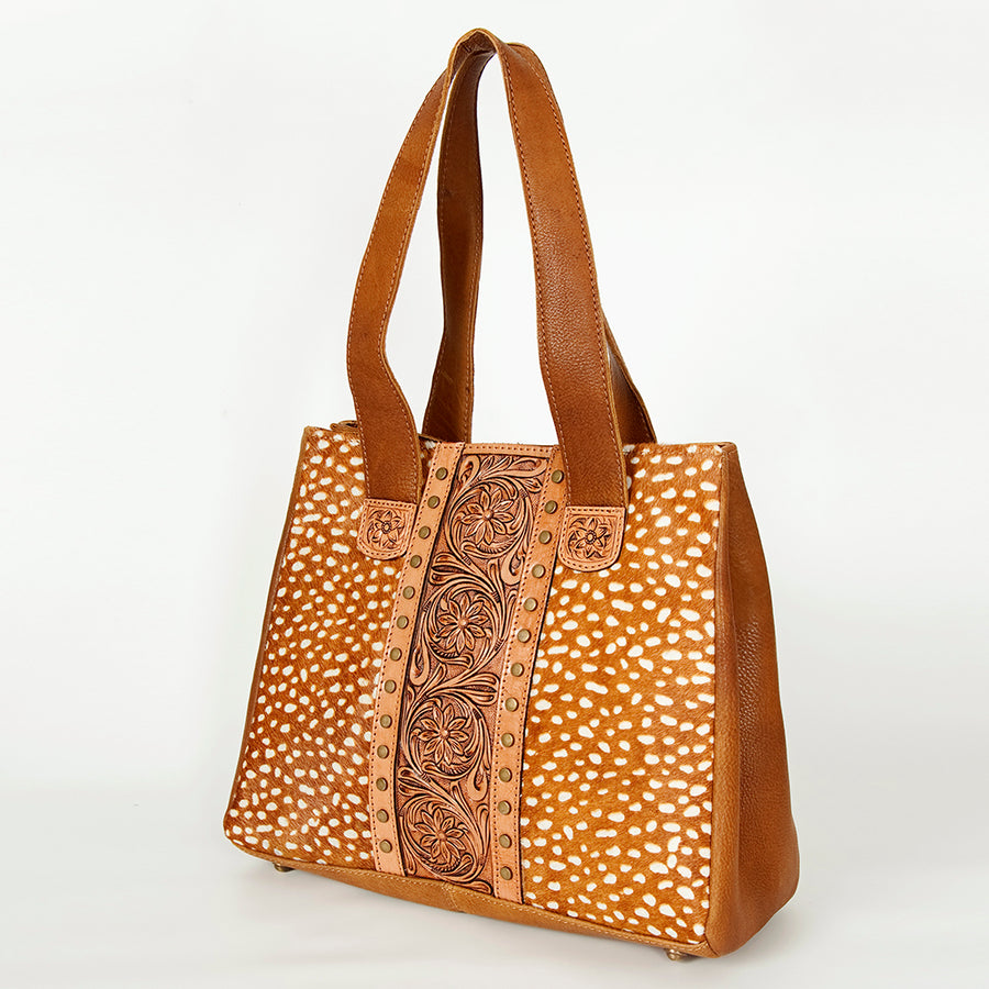 American Darling Hair-On Cowhide Hand Tooled Genuine Leather Tote Bag - Uhorse