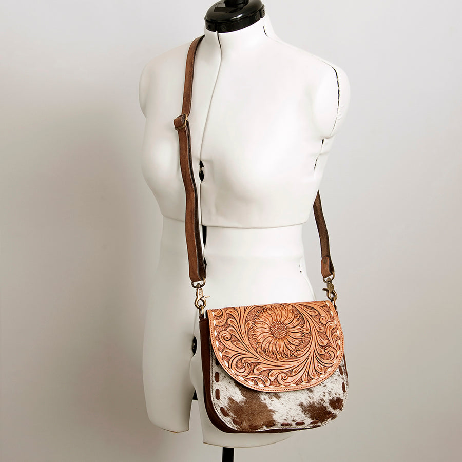 American Darling Hair-On Cowhide Floral Carved Hand Tooled Messenger Bag Eco-Friendly Genuine Leather YKK Zipper