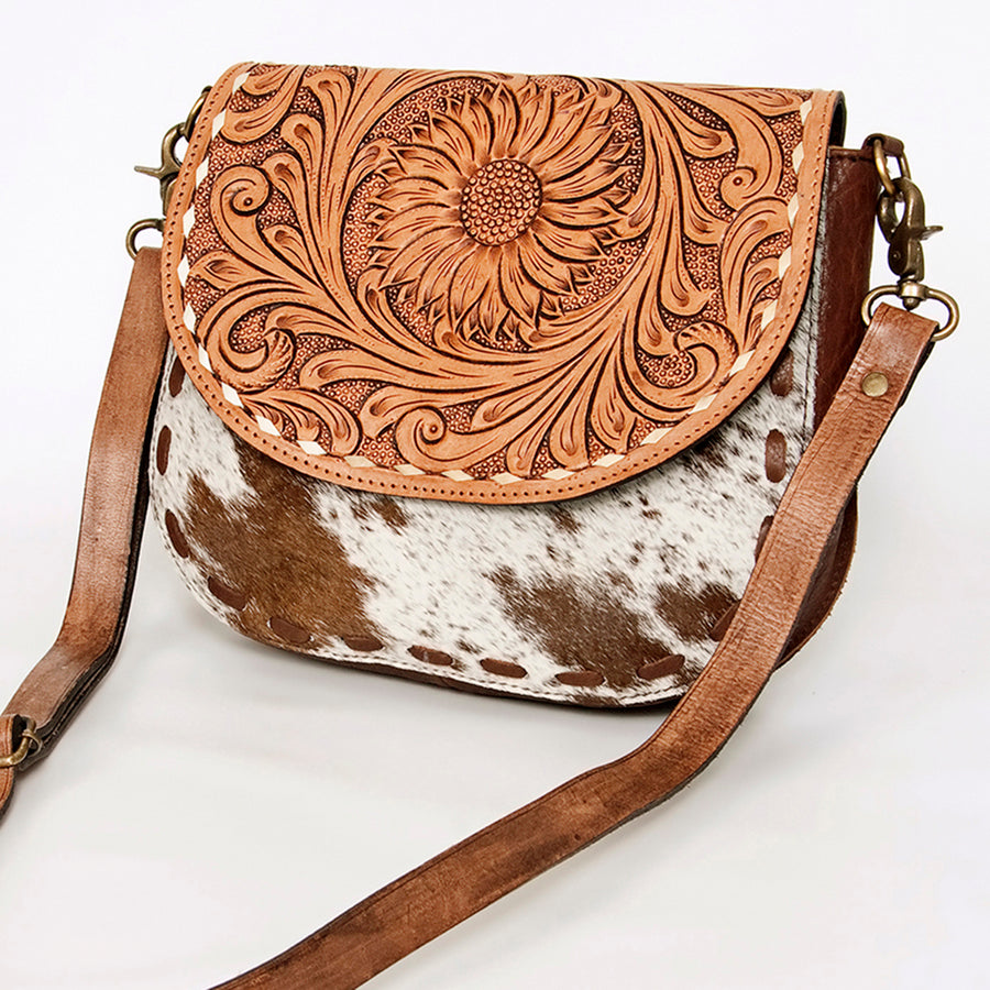 American Darling Hair-On Cowhide Hand Tooled Genuine Leather Messenger Bag - Uhorse