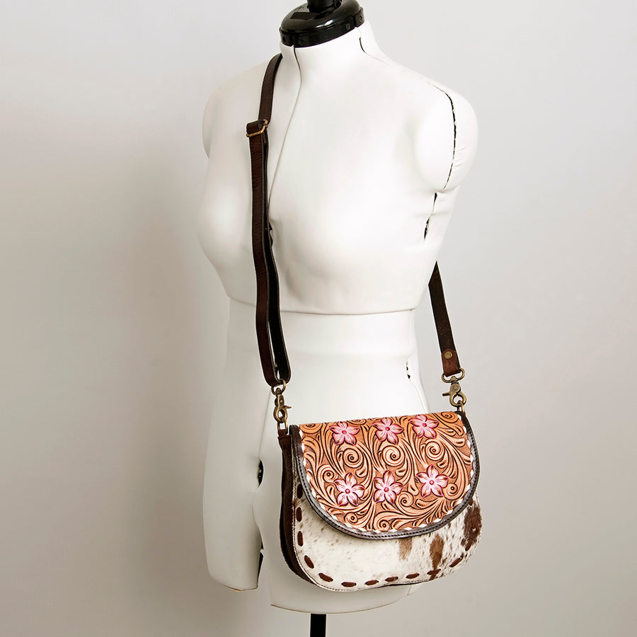 American Darling Hair-On Cowhide Floral Carved Hand Tooled Messenger Bag Eco-Friendly Genuine Leather YKK Zipper