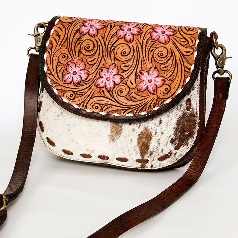 American Darling Hair-On Cowhide Hand Tooled Genuine Leather Messenger Bag - Uhorse