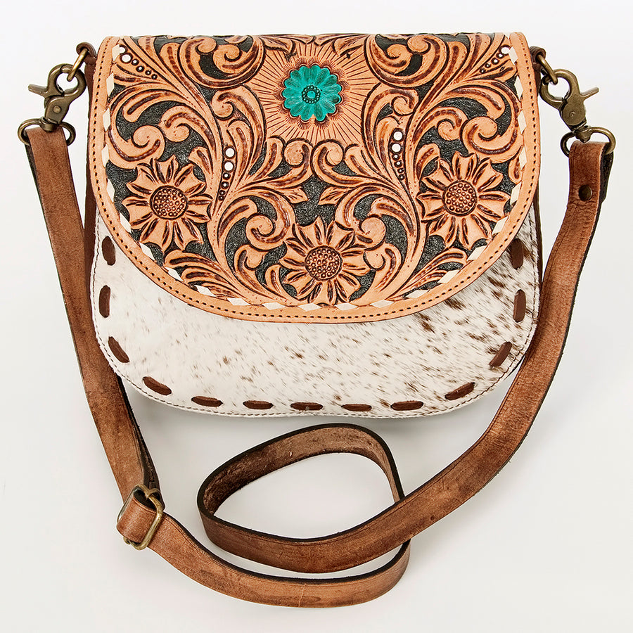 American Darling Hair-On Cowhide Floral Carved Hand Tooled Messenger Bag Eco-Friendly Genuine Leather YKK Zipper