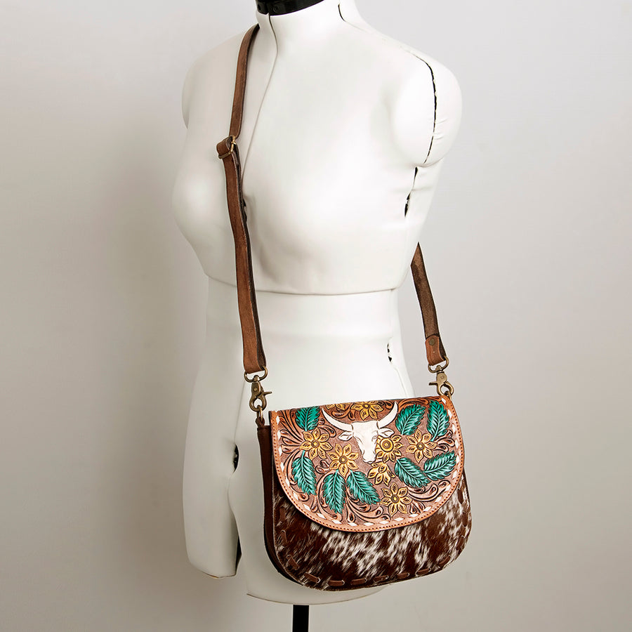 American Darling Hair-On Cowhide Floral Carved Hand Tooled Messenger Bag Eco-Friendly Genuine Leather YKK Zipper