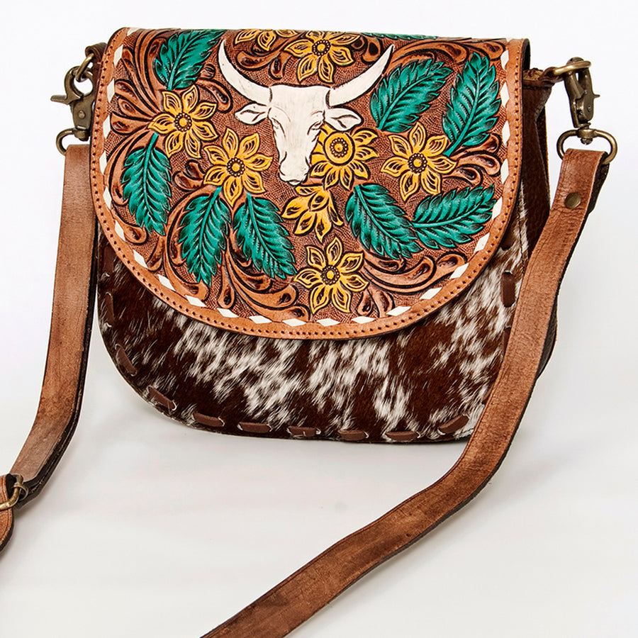 American Darling Hair-On Cowhide Hand Tooled Genuine Leather Messenger Bag - Uhorse