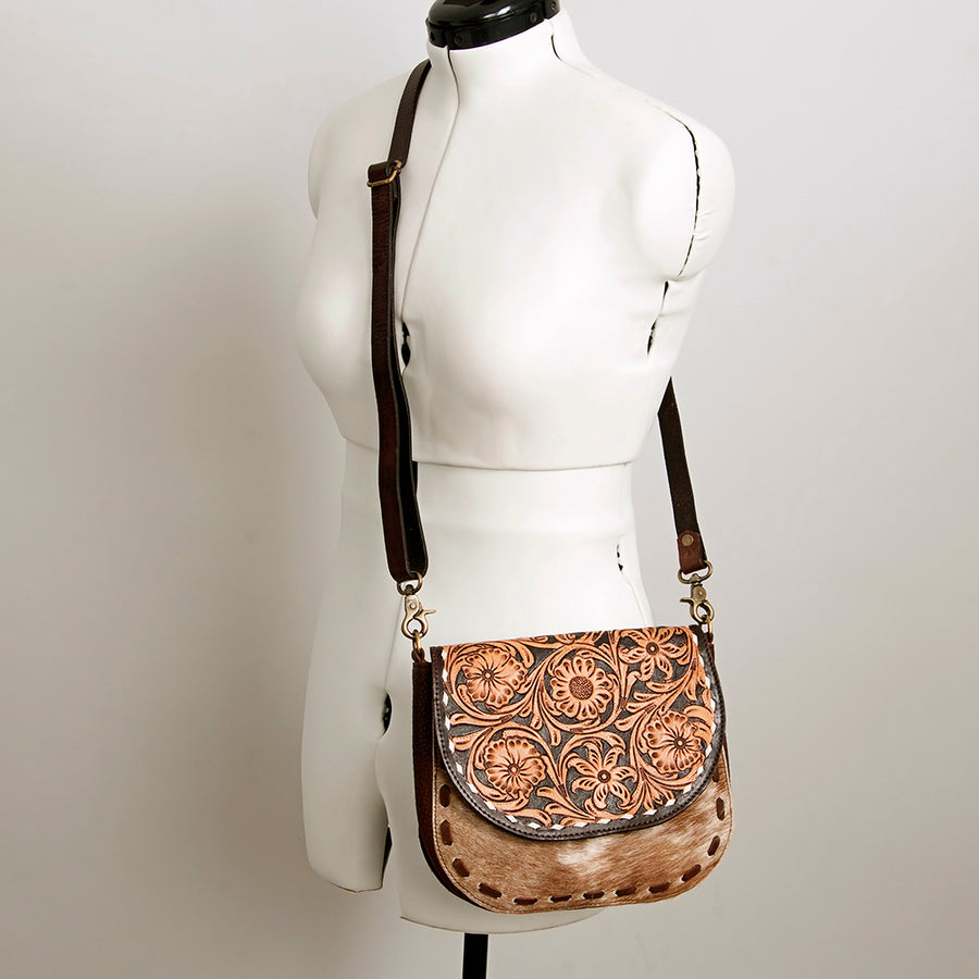 American Darling Hair-On Cowhide Floral Carved Hand Tooled Messenger Bag Eco-Friendly Genuine Leather YKK Zipper