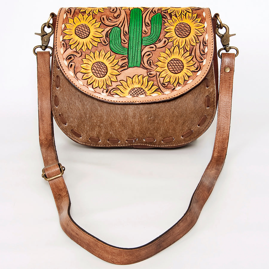 American Darling Hair-On Cowhide Floral Carved Hand Tooled Messenger Bag Eco-Friendly Genuine Leather YKK Zipper